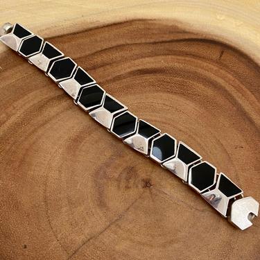 HIDDEN LINK 1970s Sterling Silver &amp; Onyx Mexican Bracelet | Vintage Statement Jewelry | Sterling Silver Jewelry | Vintage Mexican Jewelry 
