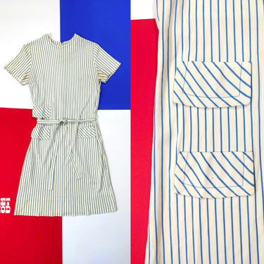 Comfy Vintage 60s 70s Cream & Light Blue Stripe Short Sleeve Nylon Shift Dress 
