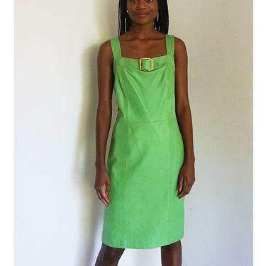 1990s Gai Mattiolo Lime Green Buttery Leather Tank Dress with Chunky Gold Buckle Italian Designer 34 C D Pistachio Slime Pear 