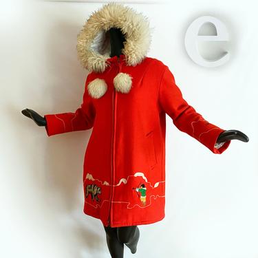 CUTEST Vintage 70s Eskimo Coat! • Bright Persimmon Orange Shearling Lamb Hood Trim + Pom Poms • Alaska Inuit • Polar Bear • Hippie • Large 