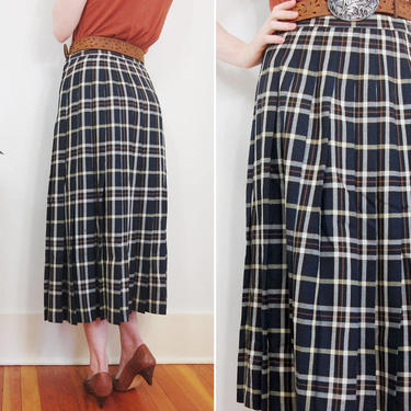 Pendleton Pleated Plaid Skirt // Vintage 100% Wool Blue Made in America USA High Waist Maxi Checkered Schoolgirl Navy Blue Small Medium 