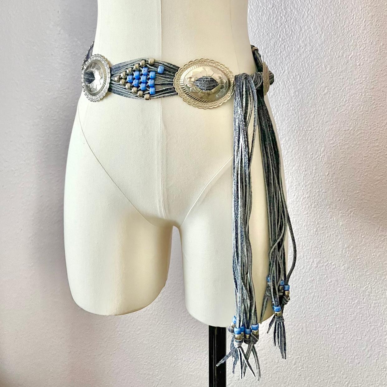 Vintage 90s Y2K western teal suede fringe belt w/ silver-toned conchos & beads Belt, A Vintage, Concho, Turquoise, 2nd Phase, Revival  main image 4