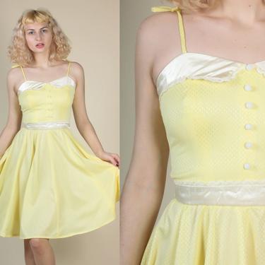70s Girly Yellow Dress - XS/Small | Vintage Spaghetti Strap Kawaii Day Dress Mini 