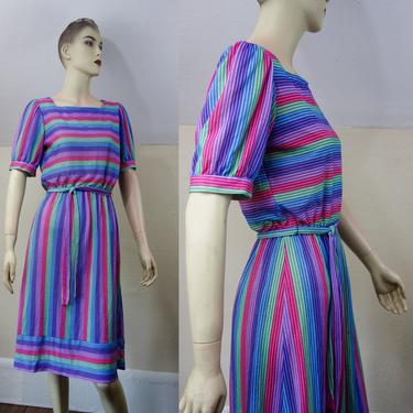 Vintage 80s multicolor stripe dress size small or XS, knee length casual midi day dress with sleeves and tie belt, preppy secretary Oops Ca 