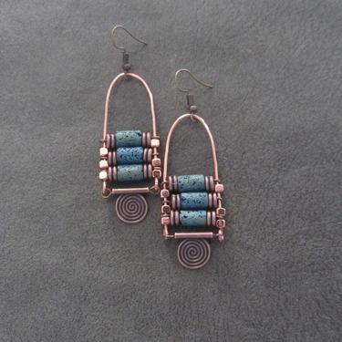 Teal lava rock earrings, chandelier earrings, etched copper earrings, bold statement earrings, ethnic earrings, bohemian boho chic earring 