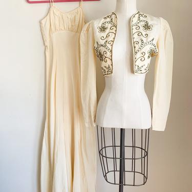 Vintage 1930s/40s Cream Taffeta Dress set / XS 