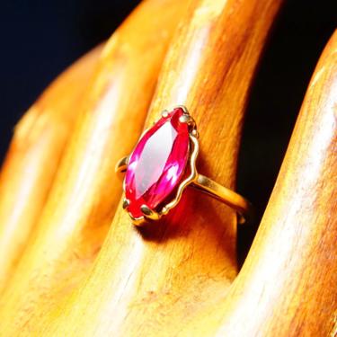 Antique 10K Yellow Gold Marquise Ruby Ring, Faceted Red Gemstone, Straight Gold Band, Size 6 1/4 US 
