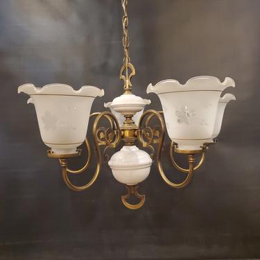Crimped Shade 5-Light Brass and Ceramic Chandelier