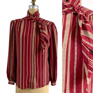 1980s vintage Gailord maroon striped blouse with neck tie detail - size large 