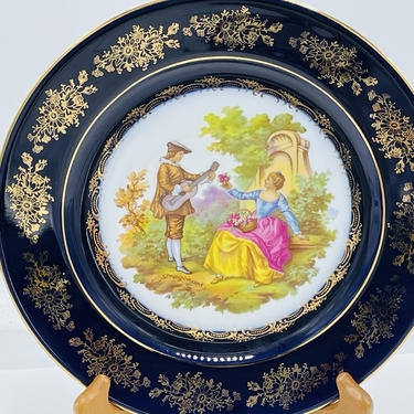 Vintage 8.5&quot; Castle  Limoges France Cobalt Blue Plate With Hand Painted Courting Couple Gold Trim- Excellent 