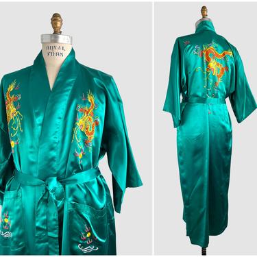 GOLDEN DRAGON Vintage 80s 90s Chinese Mens Robe | 1980s Golden Bee Green Satin Embroidered Smoking Jacket | Asian Loungewear | Mens Large 