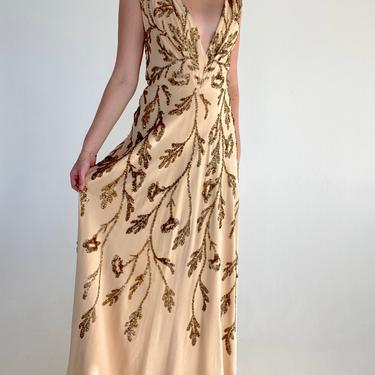 1930's Peach Satin Gown with Brown Sequin Leaf Pattern