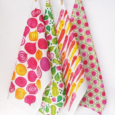 Set of 4 eco-friendly tea towels • watercolor veggie designs 