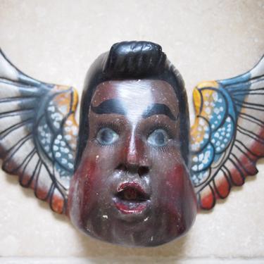 Vintage MEXICAN Dance WALL MASK 15&amp;quot;, Elvis w/ Angel Wings, Carved Wood Colorful Folk Art mid-century modern outsider brut naive eames era 