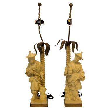 Pair of Hollywood Regency Resin & Bronze Chinoiserie Table Lamps by Chapman 