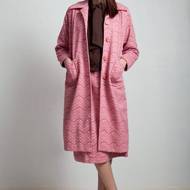vintage 70s coat skirt top 3-piece matching set ascot blouse texture zigzag brown rose pink poly knit MEDIUM LARGE M L 