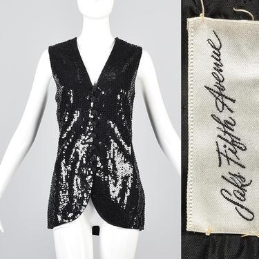 Medium 1970s Sequined Vest 70s Sequin Vest Disco Cocktail Party Vest Formal Sequined Vest Sleeveless Tunic Top Black Cardigan Vintage 