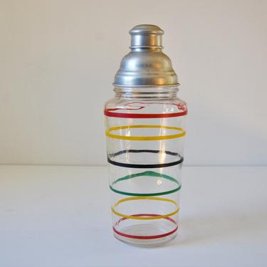 Large Vintage Glass Cocktail Shaker with Multicolor Banded Stripes by Hocking Glass, 1930s 