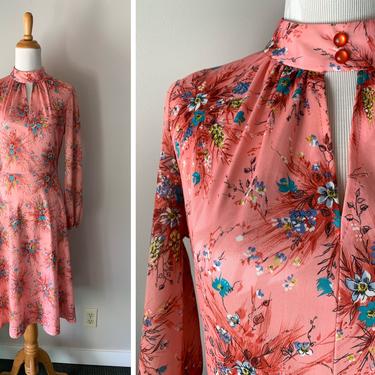 Vintage 1970s Bright Coral Floral Bouquet Keyhole Neckline Dress | Size Small 