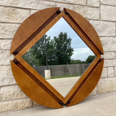 Large 80s Art Deco Style Wall Mirror in Round Wooden Frame, Two Tone Finish and Orb Accents, by Hickory White Furniture 