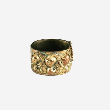 Vintage Gold Tone Cherry Bracelet - Hinged Metal Cuff - Repousse - Engraved Filigree Relief - Cherries - Fruit - Boho Wide Bangle - Patina 
