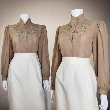 Vintage Embroidered Crepe Blouse, Medium / Beige Cutout Prairie Blouse / Sheer Cocktail Blouse / Long Sleeve See Through Dressy Top 
