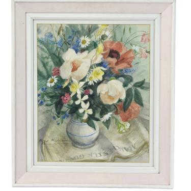 1950's Peggy Wickham Watercolor Painting Vase of Flowers atop Manchester Guardian 