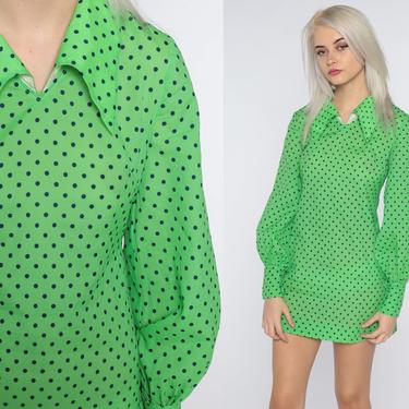 60s Polka Dot Dress Green Mod Mini Dress Shift Dress Dagger Collar 1960s Space Age Vintage Dress Twiggy Long Sleeve Minidress Small xs s 2 4 