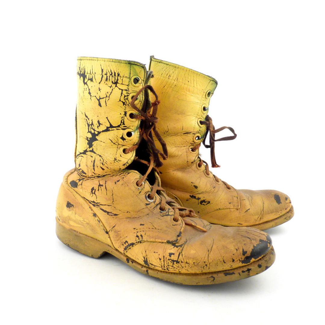 Combat Boots Vintage 1980s Distressed Spray paint yellow Black Leather
