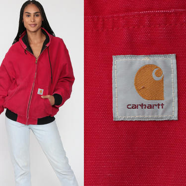 90s CARHARTT Jacket Red Hooded Jacket Workwear HOODIE Cargo Zip