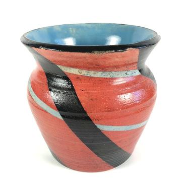Vintage Post Modern Ceramic Calif Studio Pottery Signed Vase Bright Red & Blue