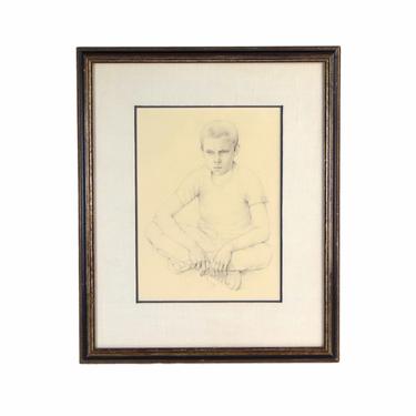 1959 Mid-Century Drawing Pensive Young Boy Sitting on Cracked Sidewalk Dickson 
