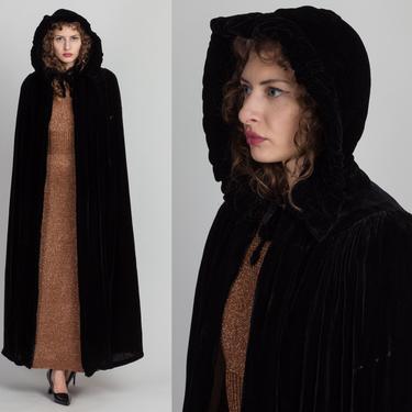 Vintage 1930s Hooded Silk Velvet Opera Cape - Small | Antique 30s Long Black Formal Evening Wear Coat 