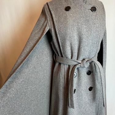 Vintage Wool cape~ grey with velvet black trim~ fitted belted waist~ Flared design~ long elegant winter coat~ 1960’s 70’s I Magnin 