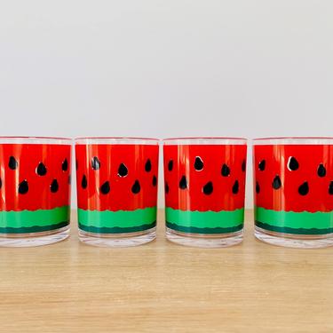 Mid Century Modern Stotter Watermelon Plastic Low Ball Glasses - Set of 4 