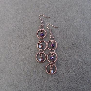 Copper and crystal earrings, geometric dangle earrings, bling mid century modern earrings, chic artisan unique contemporary earrings, purple 