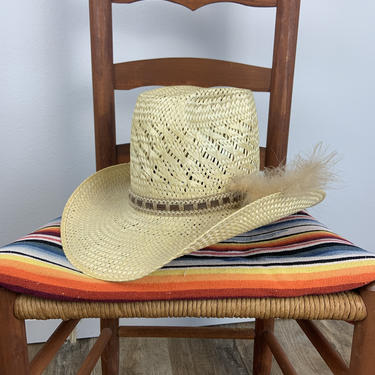 Vintage RESISTOL Straw Cowboy Hat Size 7 w Feather | Desert Cactus
