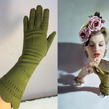 Bi-Annual Sale 35% Off Tropical Slaps Across His Face - Vintage 1940s Avocado Green Double Cotton Gloves - 6.5/7 