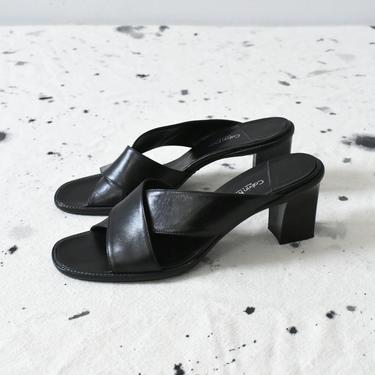 vintage Calvin Klein black leather strap heeled sandals, size 10.5 