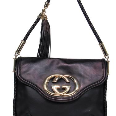 Gucci - Dark Brown Metallic Leather Logo Shoulder Bag w/ Braided Trim &amp; Tassel