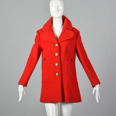 Small 1960s Pierre Cardin Red Coat Mod Designer heavyweight Wool Peter Pan Collar Brass Horse Buttons 60s Vintage 