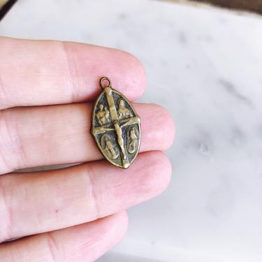 Antique Italian Brass Crucified Christ Medal Pendant 