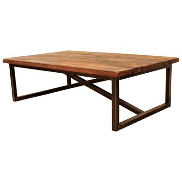 Contemporary Modernist Industrial Low Rectangular Drift Wood Metal Coffee Table 