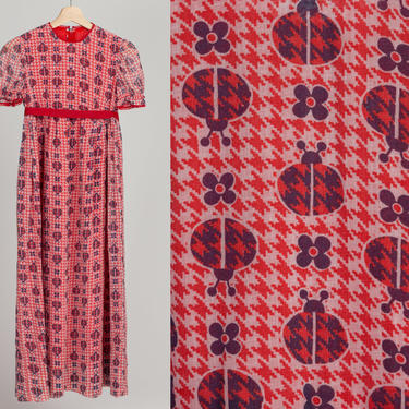 60s 70s Girl's Ladybug Print Dress - Girl's Small | Vintage Boho Puff Sleeve Kids Clothing 