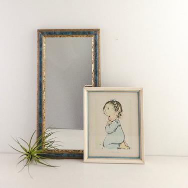 Vintage Nursery Wall Decor Set, Includes Framed A Child's Prayer Litho Print, Blue &amp; Gold Wood Rectangular Mirror, Country Cottage Farmhouse 