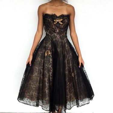 Beautiful 1950's Designer Seymour Jacobson New York Black Lace Cupcake Dress with Sequin Detail 