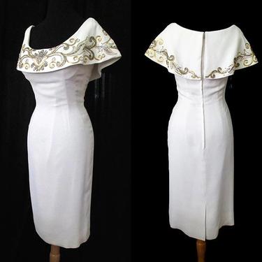 Stunning Vintage "Mr Blackwell" 1950's designer Winter White Cocktail Dress with Dramatic Beaded Collar by Size Small 