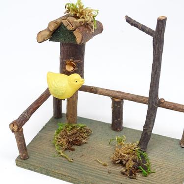 Antique German Bird House with Celluloid Bird, Twig Fence and Tree,  Vintage Folk Art from Germany 