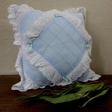 Vintage 80s square throw pillow 13x13&quot; powder blue with ribbon and lace ruffle for shabby cottagecore decor or nursery accent pillowcase 