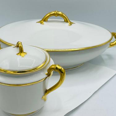 Antique Vegetable Serving Bowl and Matching Sugar Bowl Haviland Limoges France - 